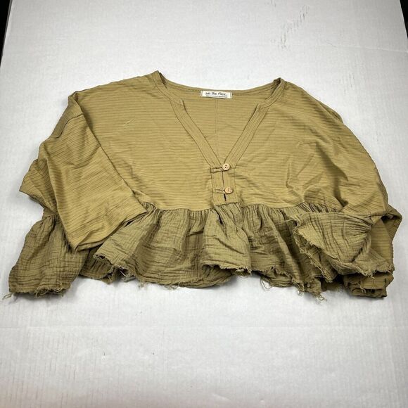 We The Free Tops - We The Free People Cropped Shirt Green Henley Long Sleeve Ruffled Boho Top SMALL